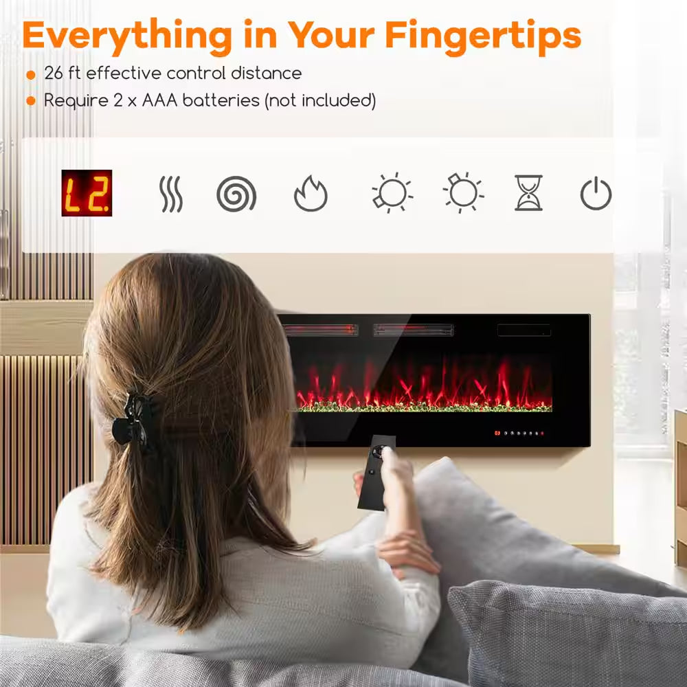 60 In. Wall-Mounted Ultra-Thin Electric Fireplace TV Stand and Recessed Fireplace Heater in Black