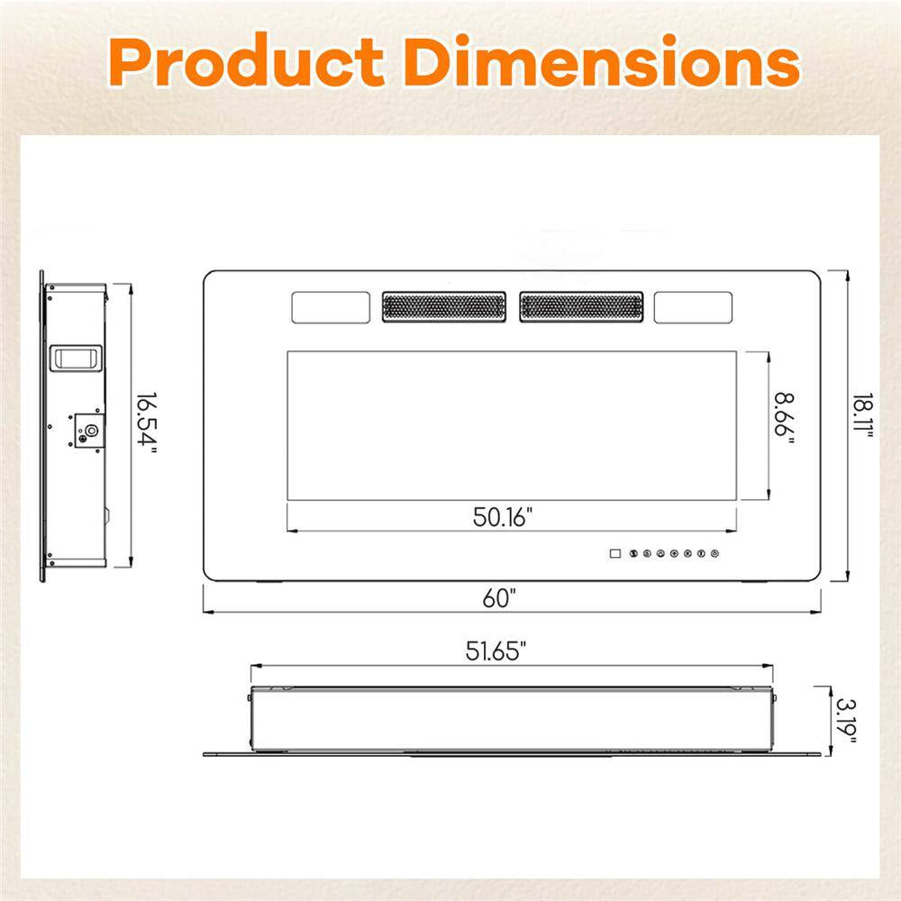 60 In. Wall-Mounted Ultra-Thin Electric Fireplace TV Stand and Recessed Fireplace Heater in Black