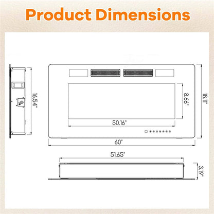 60 In. Wall-Mounted Ultra-Thin Electric Fireplace TV Stand and Recessed Fireplace Heater in Black