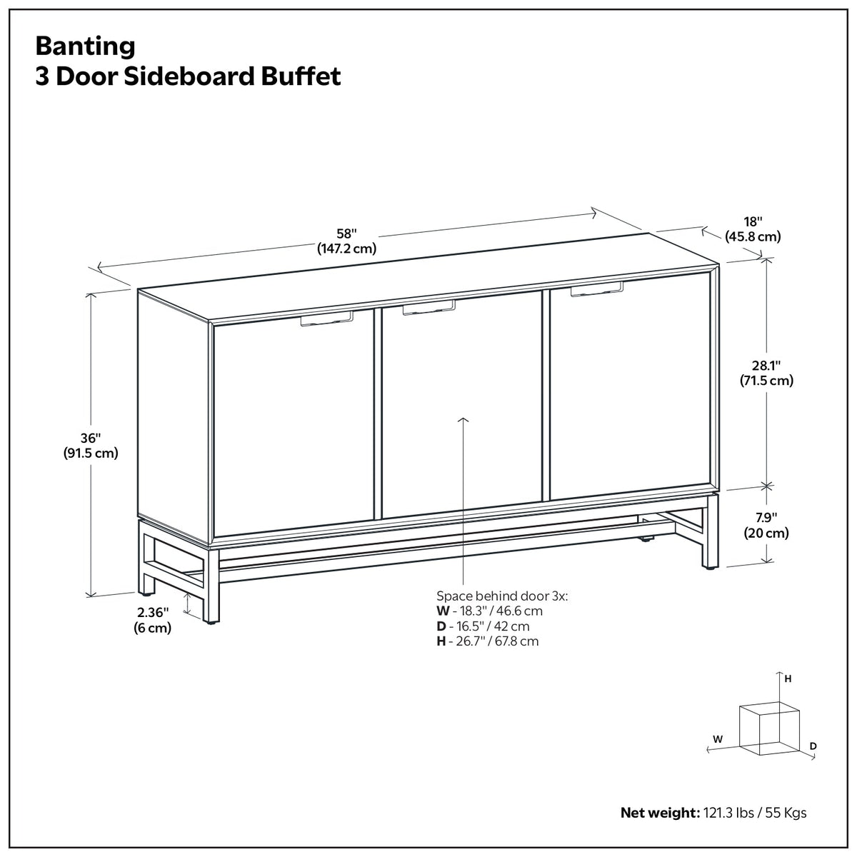 Banting 58 Inch Wide 3 Door Sideboard Buffet