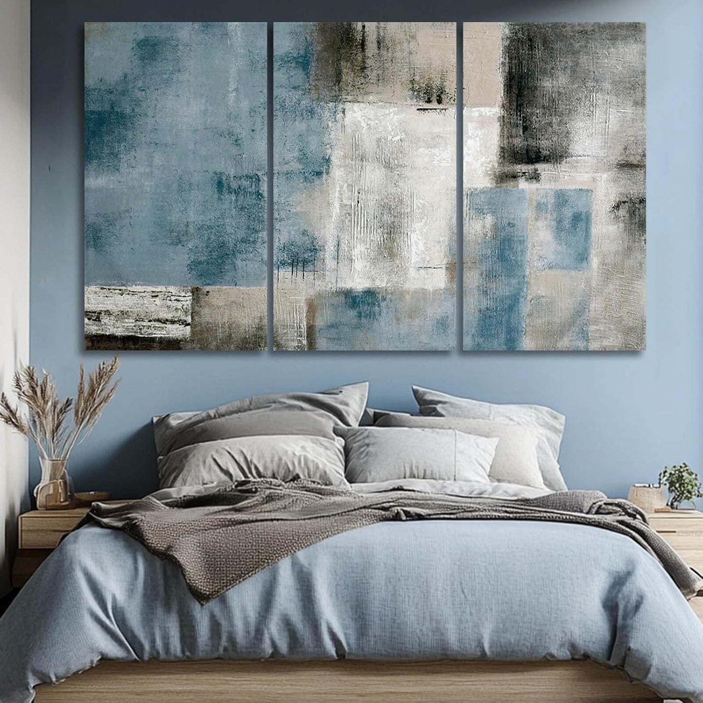 Large Blue Abstract Wall Art Set of 3 Canvas 24X48 In,Modern Blue Grey Minimalist Painting,Contemporary Wall Decor Pictures for Living Room