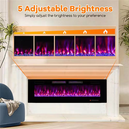 60 In. Wall-Mounted Ultra-Thin Electric Fireplace TV Stand and Recessed Fireplace Heater in Black