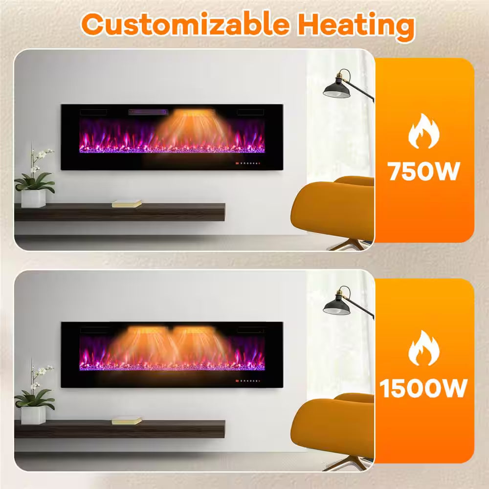 60 In. Wall-Mounted Ultra-Thin Electric Fireplace TV Stand and Recessed Fireplace Heater in Black