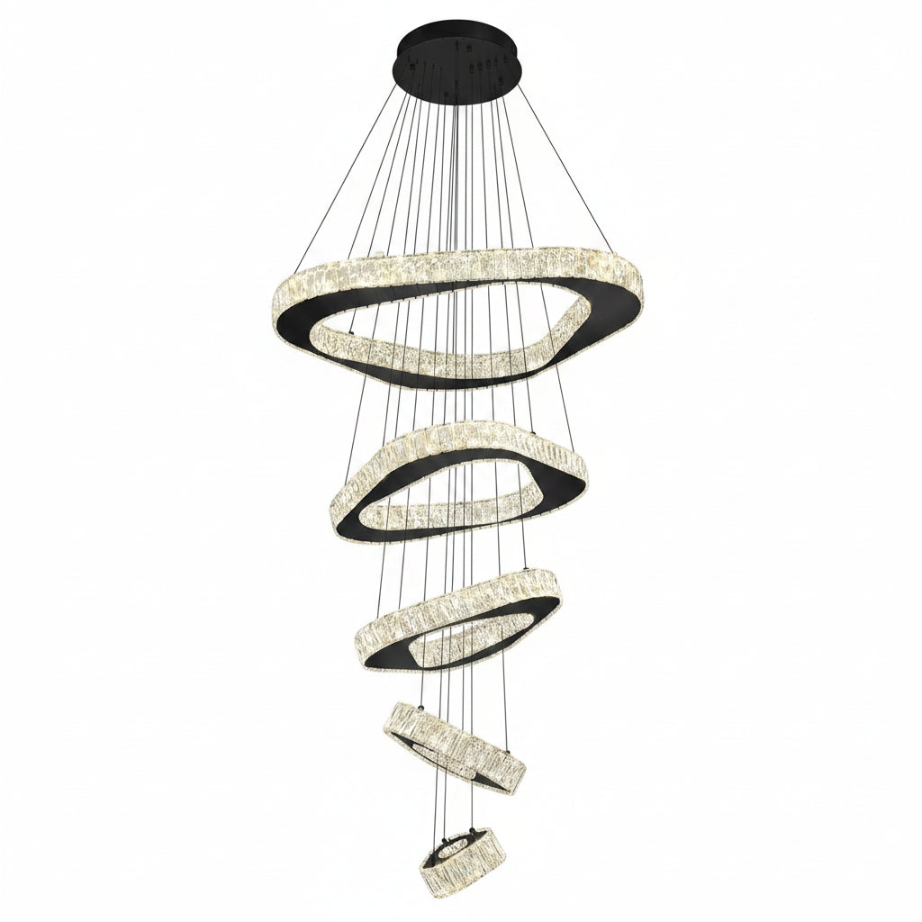 Large Modern Chandelier 5 Ring Chandeliers for High Ceiling Dimmable Black Chandelier High Ceiling Foyer Chandeliers for Living Room Dining Room Staircase