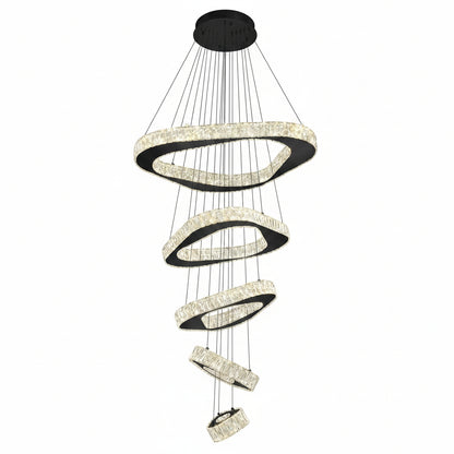 Large Modern Chandelier 5 Ring Chandeliers for High Ceiling Dimmable Black Chandelier High Ceiling Foyer Chandeliers for Living Room Dining Room Staircase