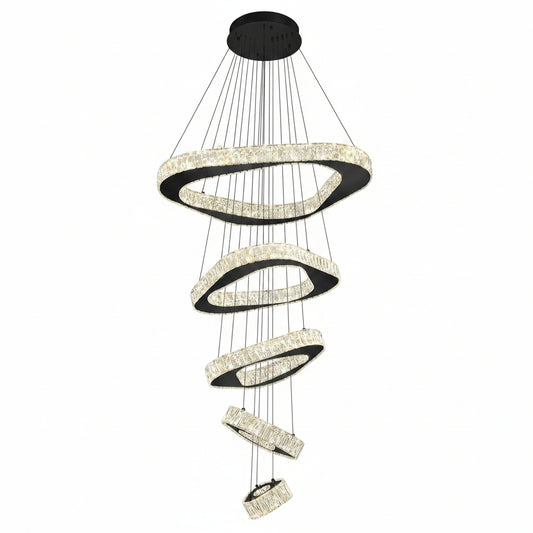 Large Modern Chandelier 5 Ring Chandeliers for High Ceiling Dimmable Black Chandelier High Ceiling Foyer Chandeliers for Living Room Dining Room Staircase