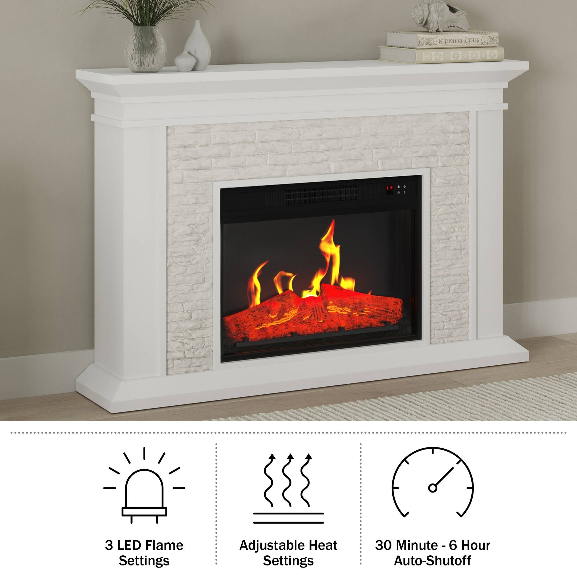 Electric Fireplace with Mantel, White