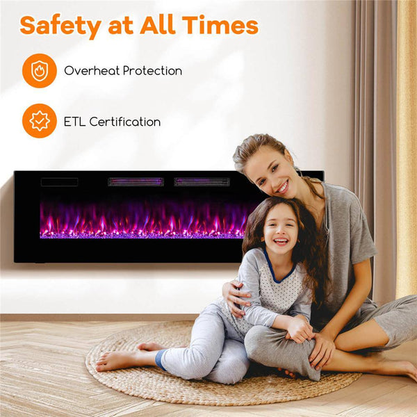 60 In. Wall-Mounted Ultra-Thin Electric Fireplace TV Stand and Recessed Fireplace Heater in Black