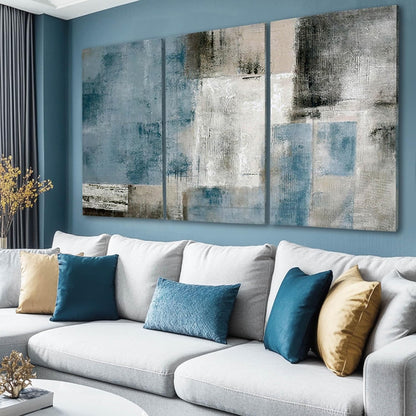 Large Blue Abstract Wall Art Set of 3 Canvas 24X48 In,Modern Blue Grey Minimalist Painting,Contemporary Wall Decor Pictures for Living Room