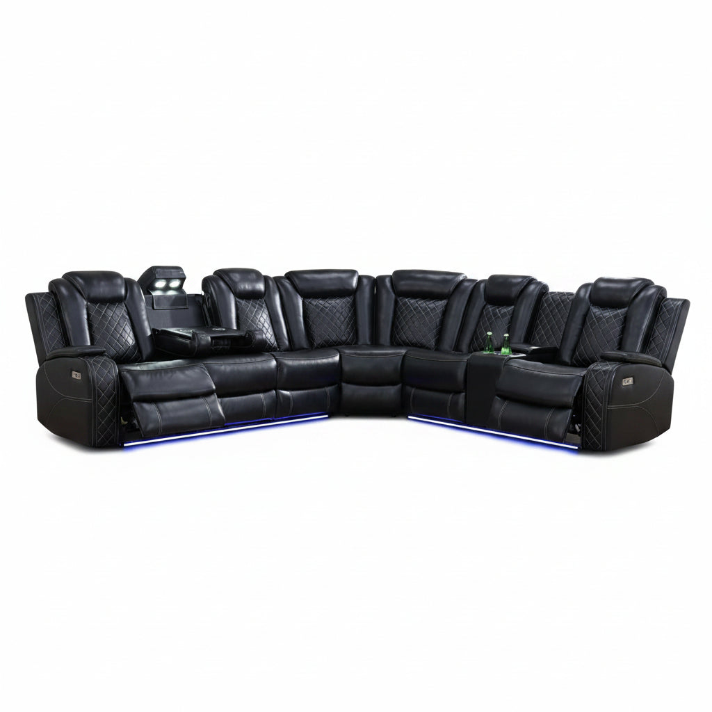 Black Leather Power Reclining Sectional Sofa,Sectional Couch with Recliner,L Shaped Recliner Sofa with LED Light/Read Lamp/Storage Console/Usb Port for Living Room/Home Theater/Apartment