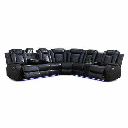 Black Leather Power Reclining Sectional Sofa,Sectional Couch with Recliner,L Shaped Recliner Sofa with LED Light/Read Lamp/Storage Console/Usb Port for Living Room/Home Theater/Apartment