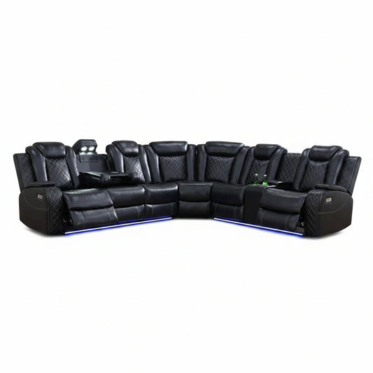 Black Leather Power Reclining Sectional Sofa,Sectional Couch with Recliner,L Shaped Recliner Sofa with LED Light/Read Lamp/Storage Console/Usb Port for Living Room/Home Theater/Apartment