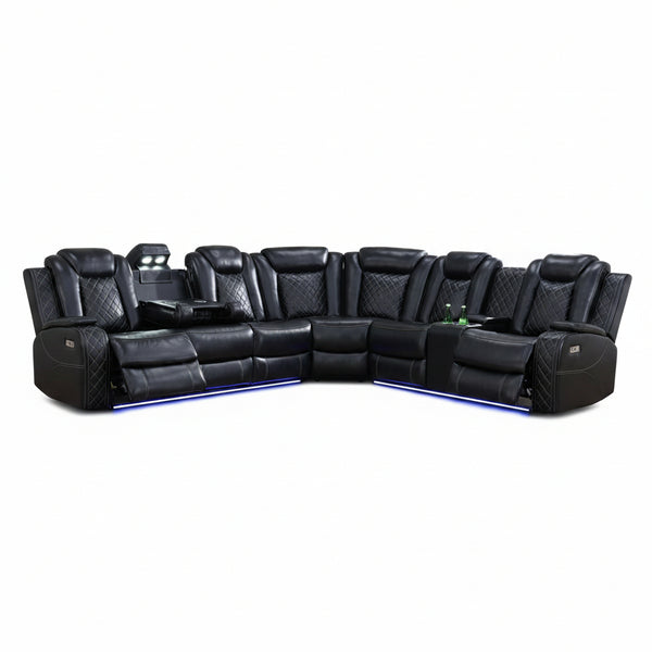 Black Leather Power Reclining Sectional Sofa,Sectional Couch with Recliner,L Shaped Recliner Sofa with LED Light/Read Lamp/Storage Console/Usb Port for Living Room/Home Theater/Apartment