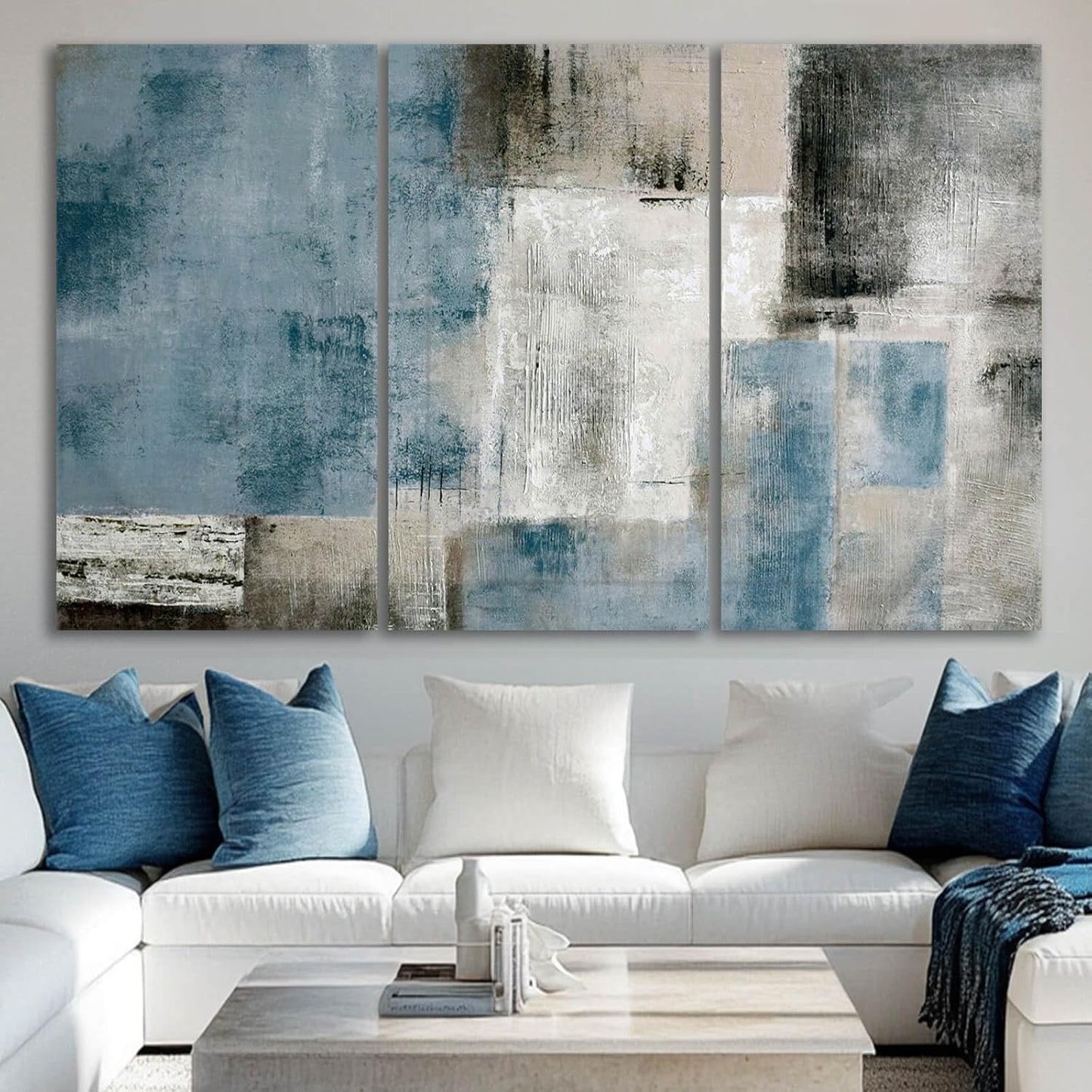 Large Blue Abstract Wall Art Set of 3 Canvas 24X48 In,Modern Blue Grey Minimalist Painting,Contemporary Wall Decor Pictures for Living Room