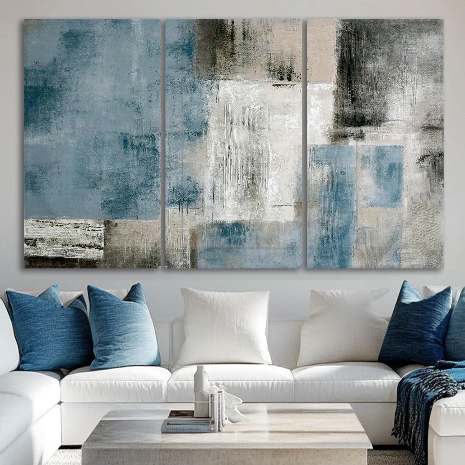 Large Blue Abstract Wall Art Set of 3 Canvas 24X48 In,Modern Blue Grey Minimalist Painting,Contemporary Wall Decor Pictures for Living Room