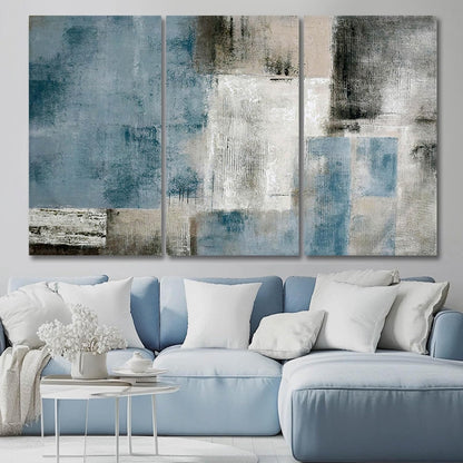 Large Blue Abstract Wall Art Set of 3 Canvas 24X48 In,Modern Blue Grey Minimalist Painting,Contemporary Wall Decor Pictures for Living Room