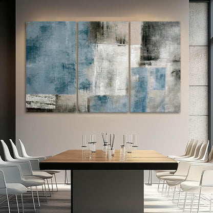 Large Blue Abstract Wall Art Set of 3 Canvas 24X48 In,Modern Blue Grey Minimalist Painting,Contemporary Wall Decor Pictures for Living Room