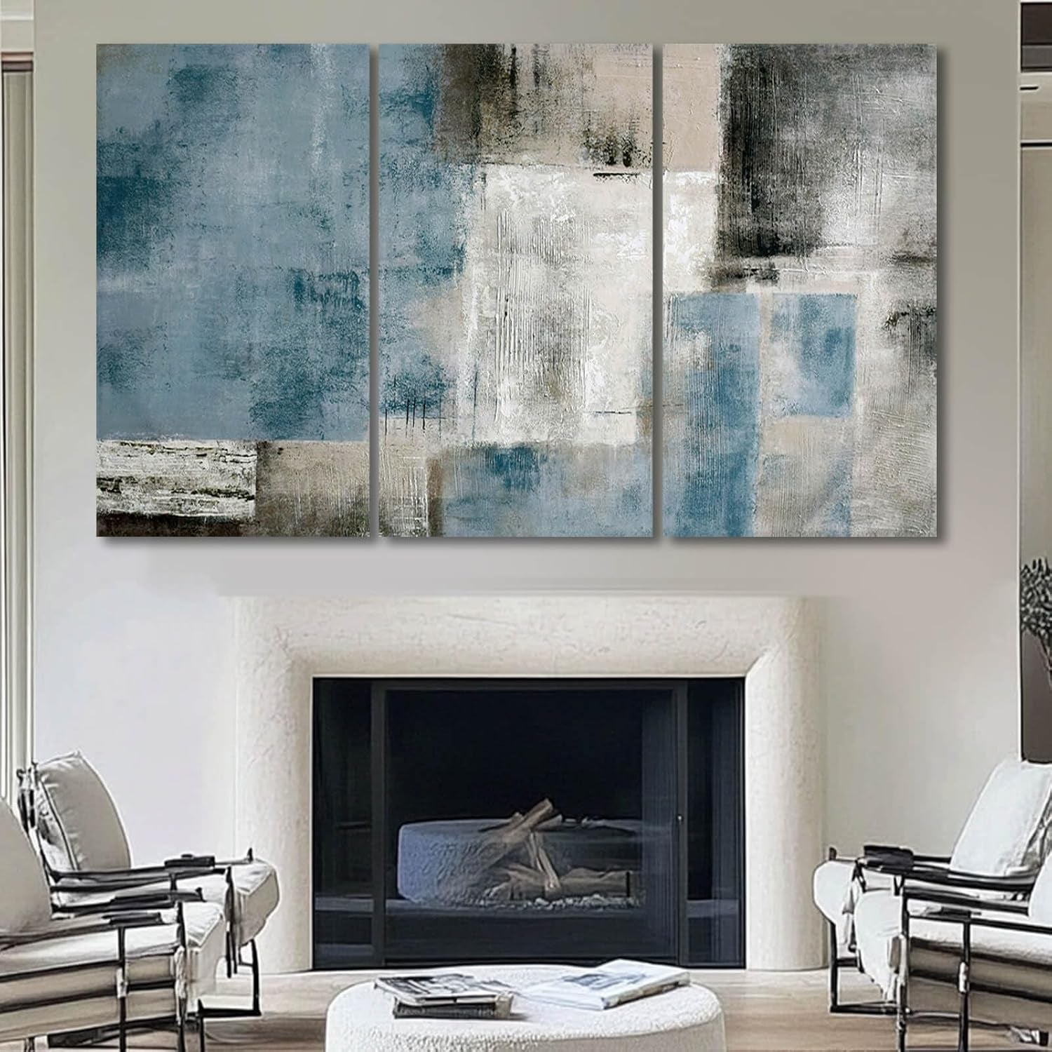Large Blue Abstract Wall Art Set of 3 Canvas 24X48 In,Modern Blue Grey Minimalist Painting,Contemporary Wall Decor Pictures for Living Room
