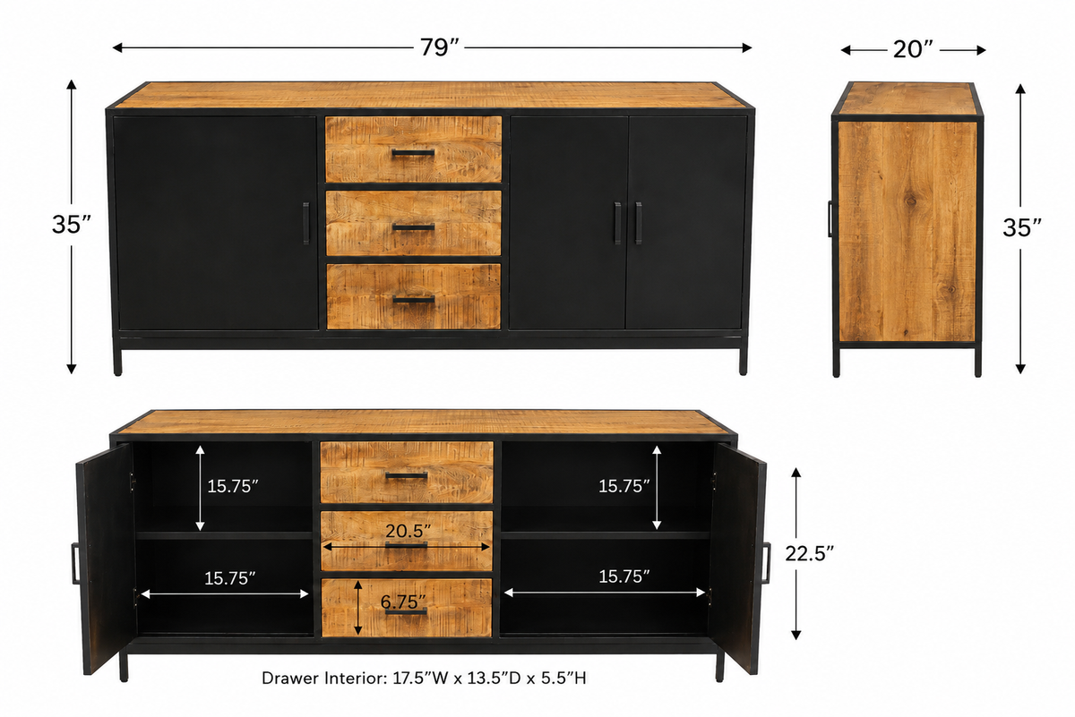 Jaipur Forge Sideboard L — 79" W × 20" D × 35" H