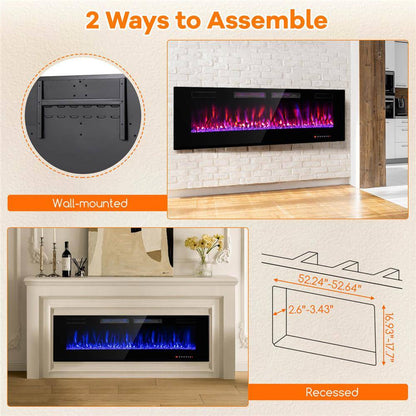 60 In. Wall-Mounted Ultra-Thin Electric Fireplace TV Stand and Recessed Fireplace Heater in Black