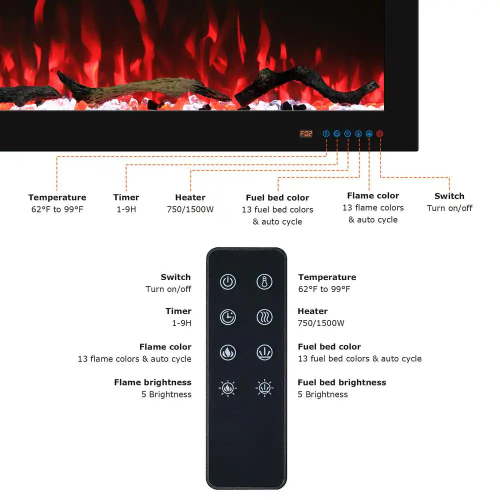 65 In. Wi-Fi Electric Fireplace Inserts, 13 Flame & Fuel Bed Colors, 5 Adjustable Brightness, Timer, Thermostat, Black