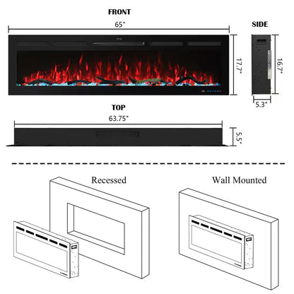 65 In. Wi-Fi Electric Fireplace Inserts, 13 Flame & Fuel Bed Colors, 5 Adjustable Brightness, Timer, Thermostat, Black