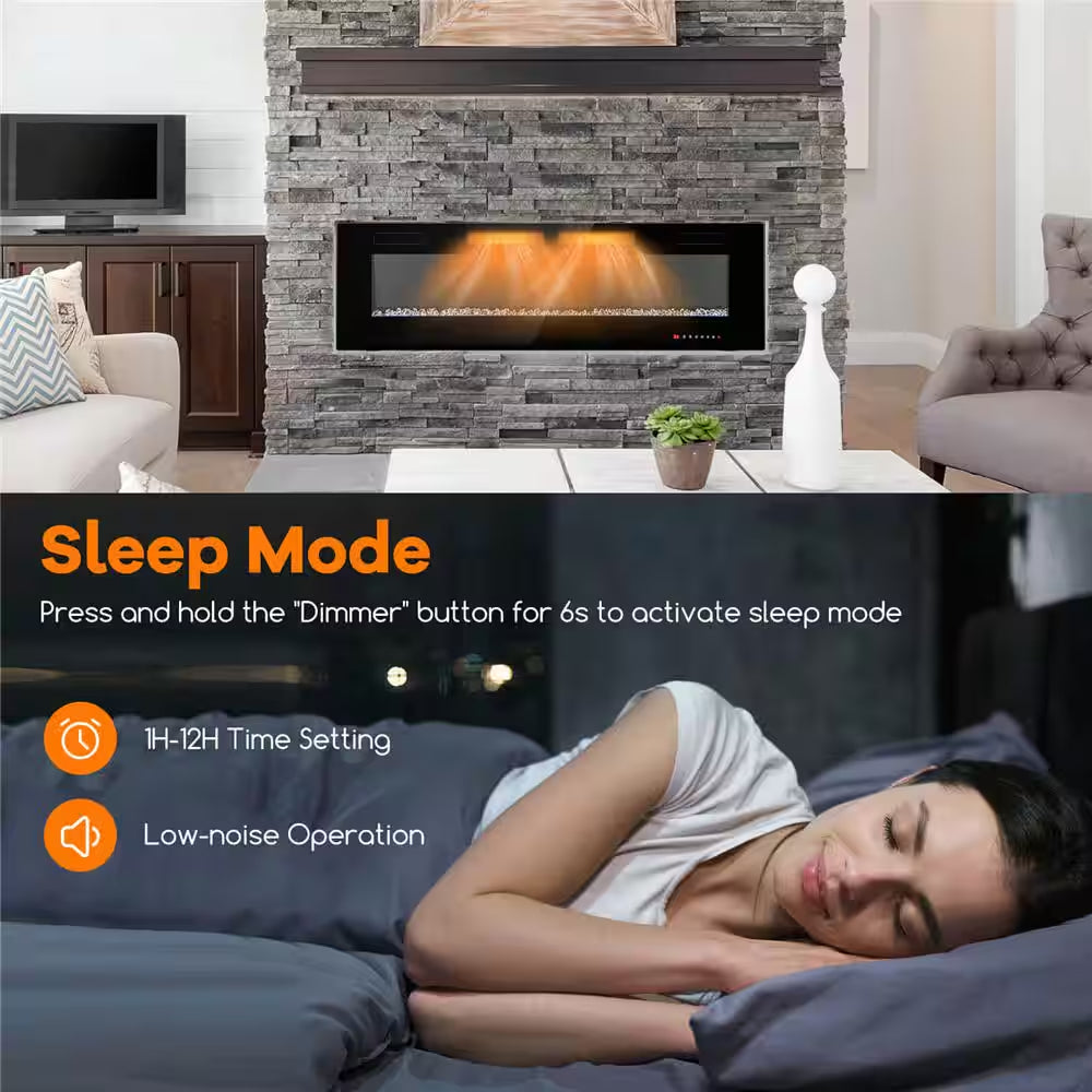60 In. Wall-Mounted Ultra-Thin Electric Fireplace TV Stand and Recessed Fireplace Heater in Black