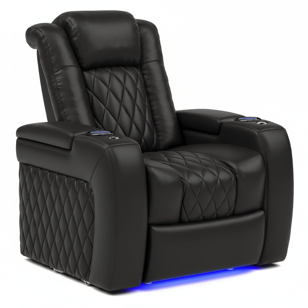 Valencia Tuscany Home Theater Seat - Nappa Leather Power Recliner with Cool Gel Memory Foam, USB-C/A Charging, RGB LED Lights, Adjustable Lumbar & Headrest (Single Recliner,Black)