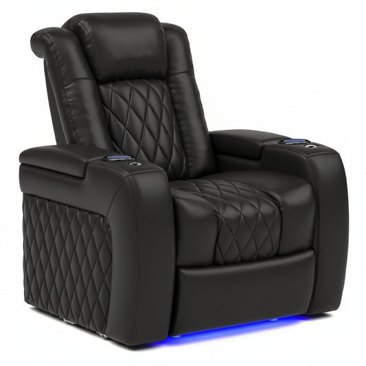 Valencia Tuscany Home Theater Seat - Nappa Leather Power Recliner with Cool Gel Memory Foam, USB-C/A Charging, RGB LED Lights, Adjustable Lumbar & Headrest (Single Recliner,Black)