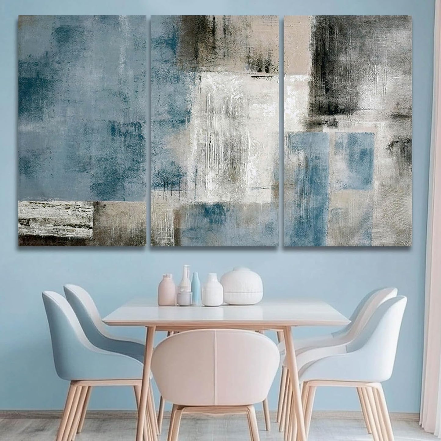 Large Blue Abstract Wall Art Set of 3 Canvas 24X48 In,Modern Blue Grey Minimalist Painting,Contemporary Wall Decor Pictures for Living Room