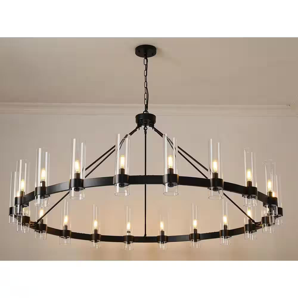 Farmhouse Chandelier 60 In. 20-Light Black Wagon Wheel Chandelier for Dinning Room, Kitchen Island, Foyer, Bedroom
